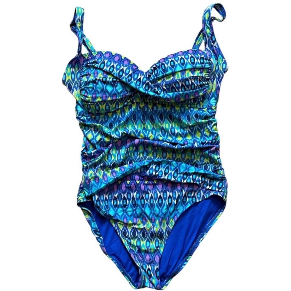 LA BLANCA Ruched Tummy Control Ikat Blue Green Purple One-Piece Swimsuit Sz 8